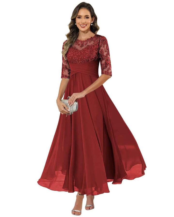 Women Evening Gown Lace Chiffon 3/4 Sleeve A-Line Dress