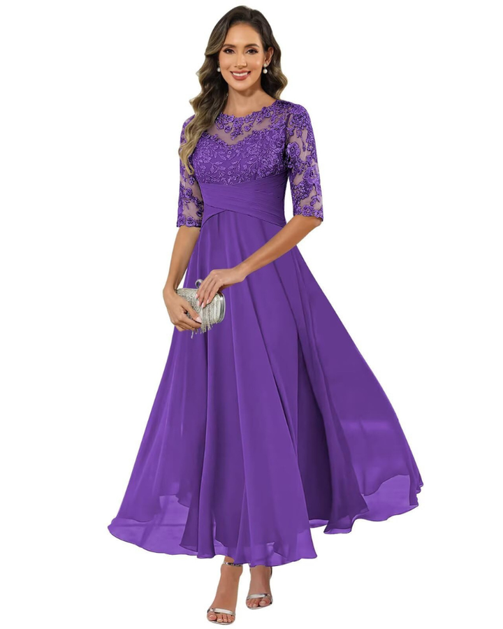 Women Evening Gown Lace Chiffon 3/4 Sleeve A-Line Dress