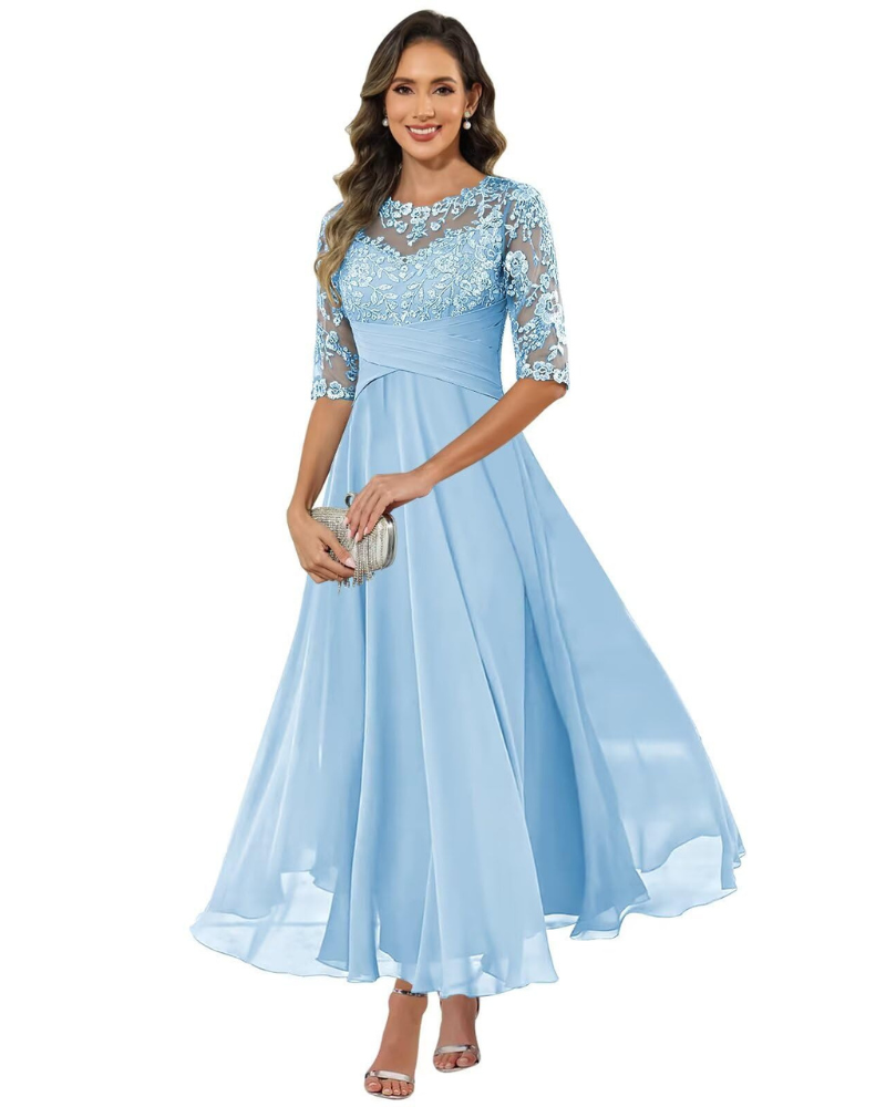 Women Evening Gown Lace Chiffon 3/4 Sleeve A-Line Dress