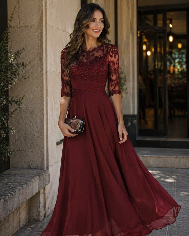 Women Evening Gown Lace Chiffon 3/4 Sleeve A-Line Dress