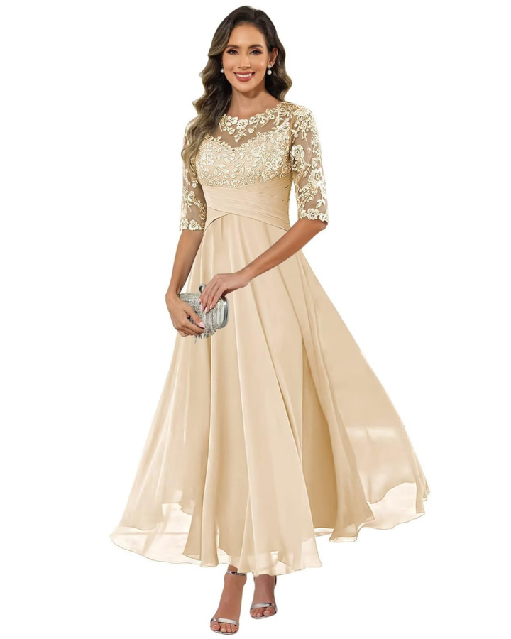 Women Evening Gown Lace Chiffon 3/4 Sleeve A-Line Dress