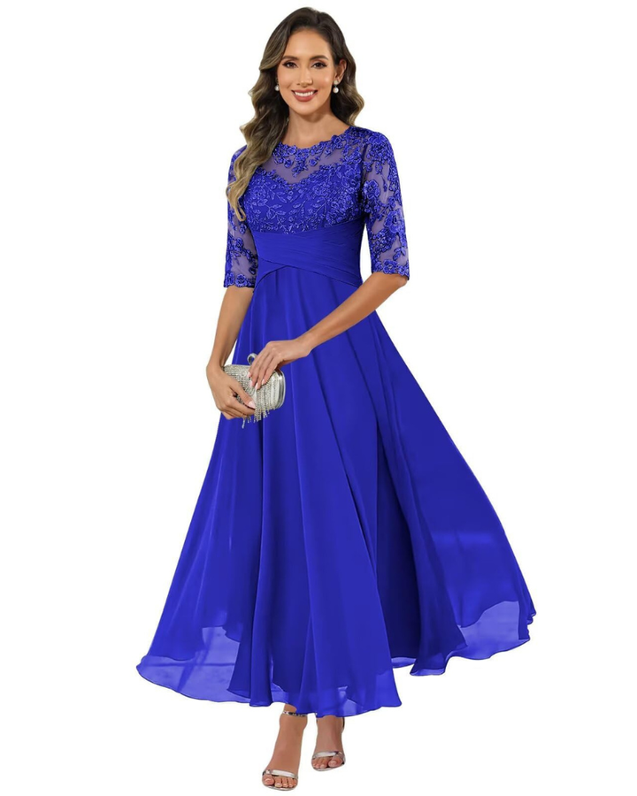 Women Evening Gown Lace Chiffon 3/4 Sleeve A-Line Dress