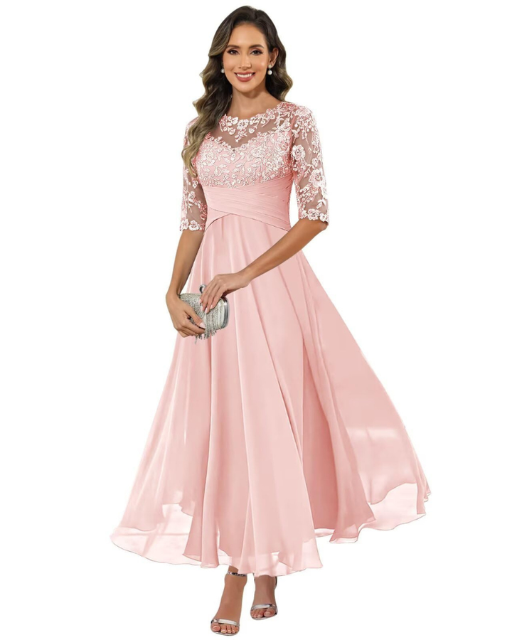 Women Evening Gown Lace Chiffon 3/4 Sleeve A-Line Dress