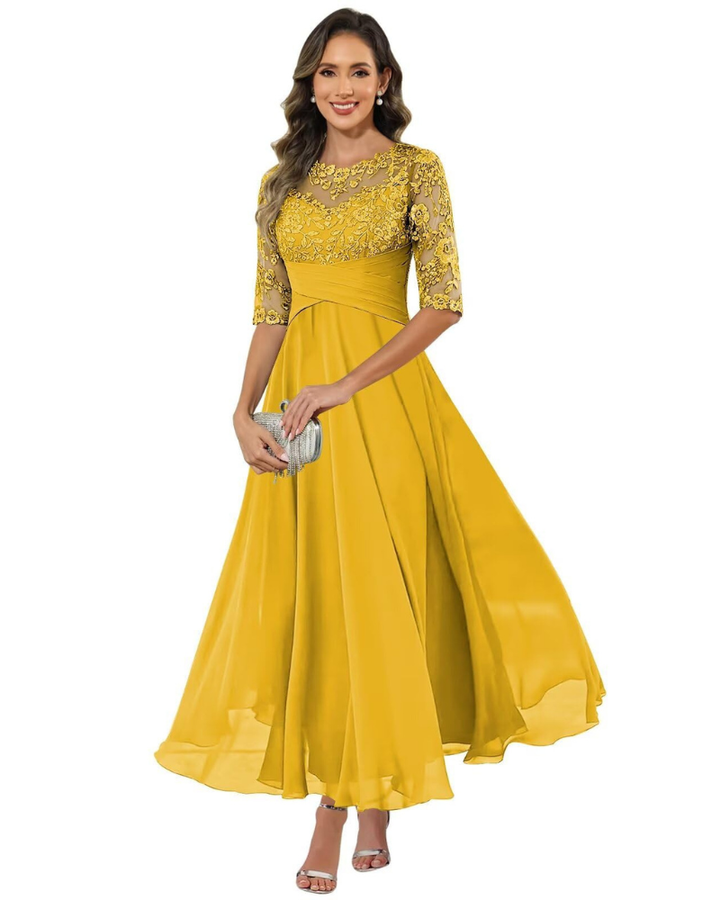 Women Evening Gown Lace Chiffon 3/4 Sleeve A-Line Dress