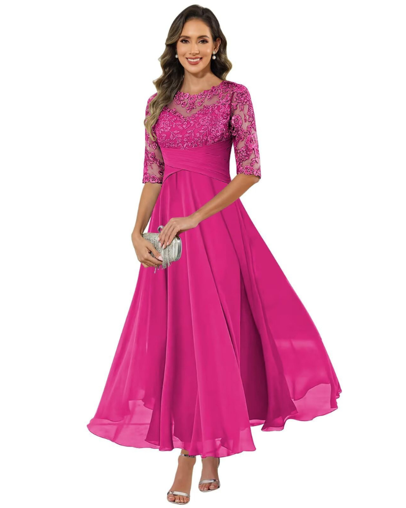 Women Evening Gown Lace Chiffon 3/4 Sleeve A-Line Dress