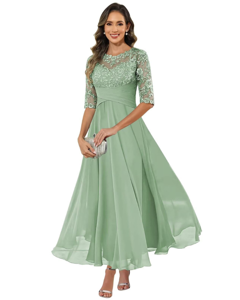 Women Evening Gown Lace Chiffon 3/4 Sleeve A-Line Dress