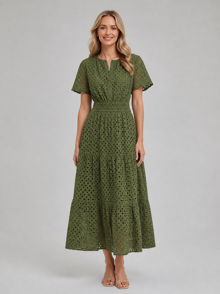 Women Cotton Blend Eyelet A-Line Midi Dress Summer