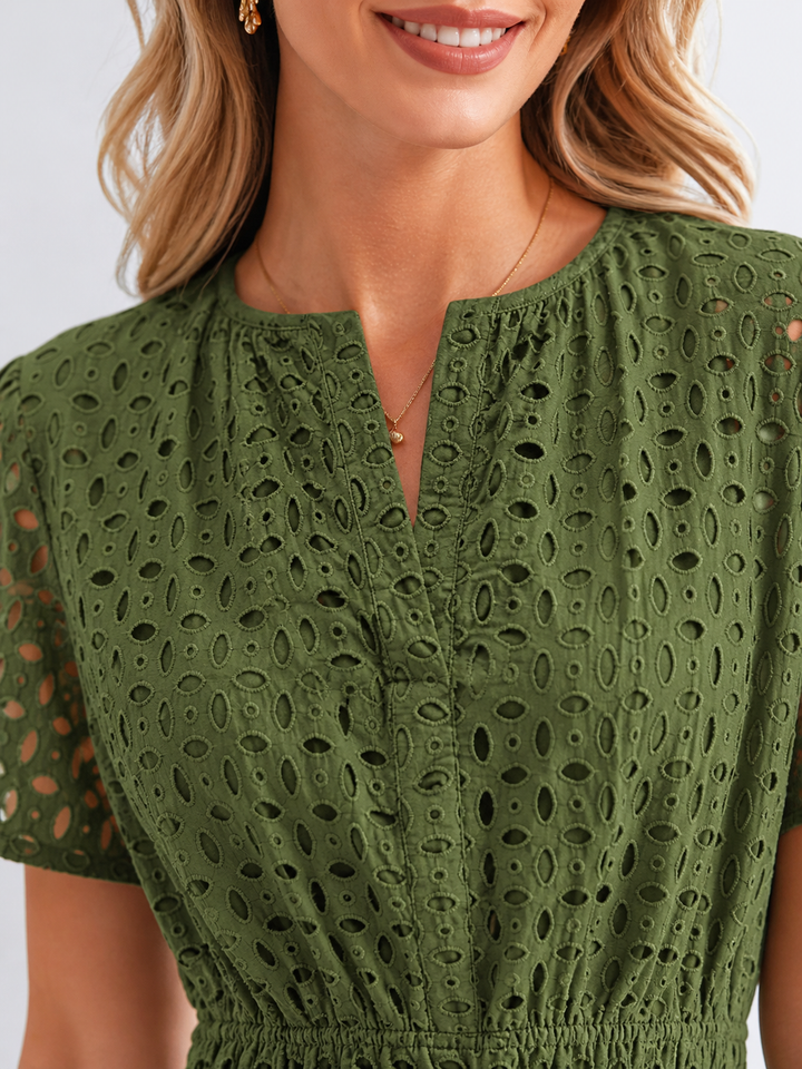 Women Cotton Blend Eyelet A-Line Midi Dress Summer