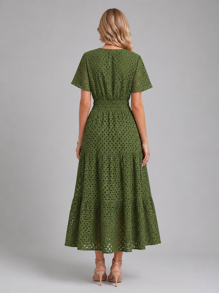 Women Cotton Blend Eyelet A-Line Midi Dress Summer