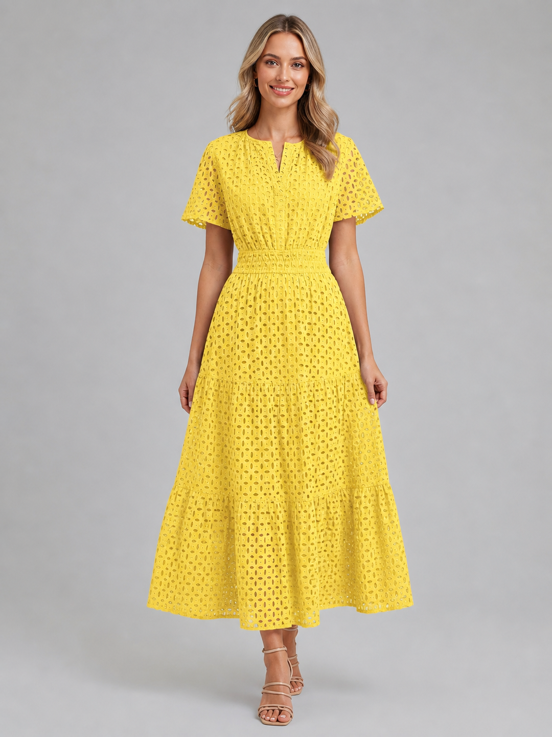 Women Cotton Blend Eyelet A-Line Midi Dress Summer