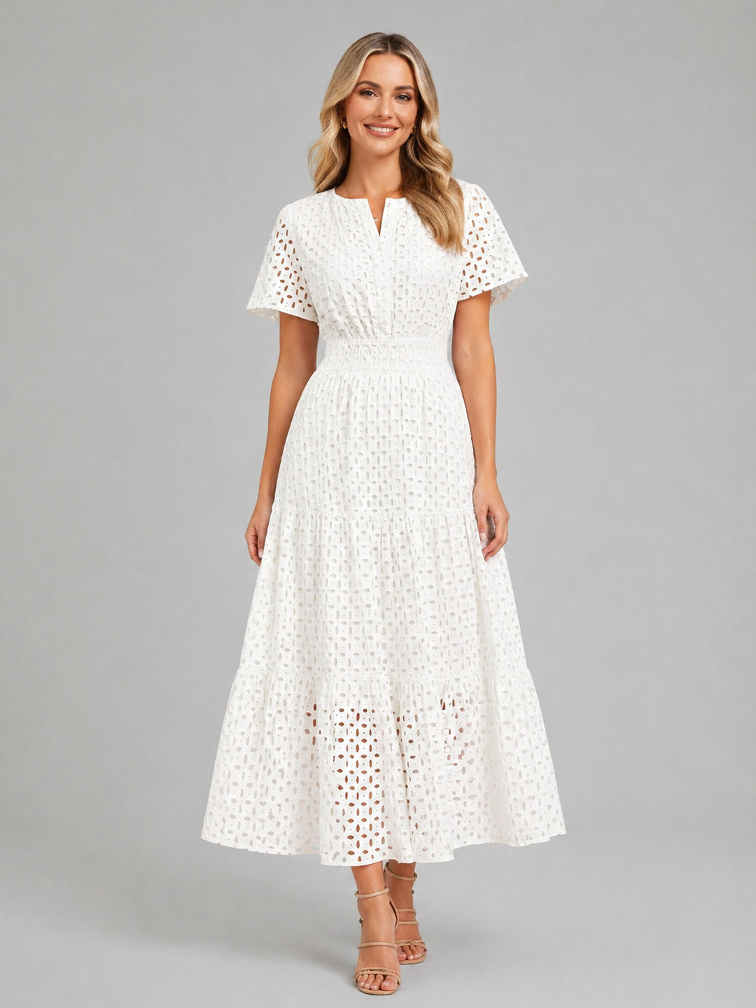 Women Cotton Blend Eyelet A-Line Midi Dress Summer