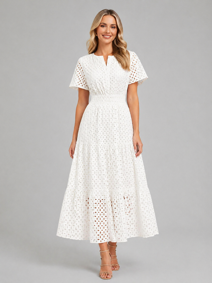 Women Cotton Blend Eyelet A-Line Midi Dress Summer