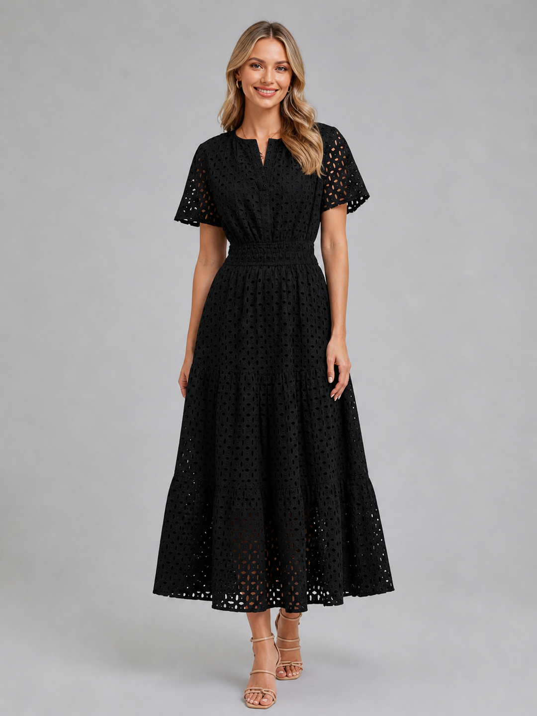 Women Cotton Blend Eyelet A-Line Midi Dress Summer