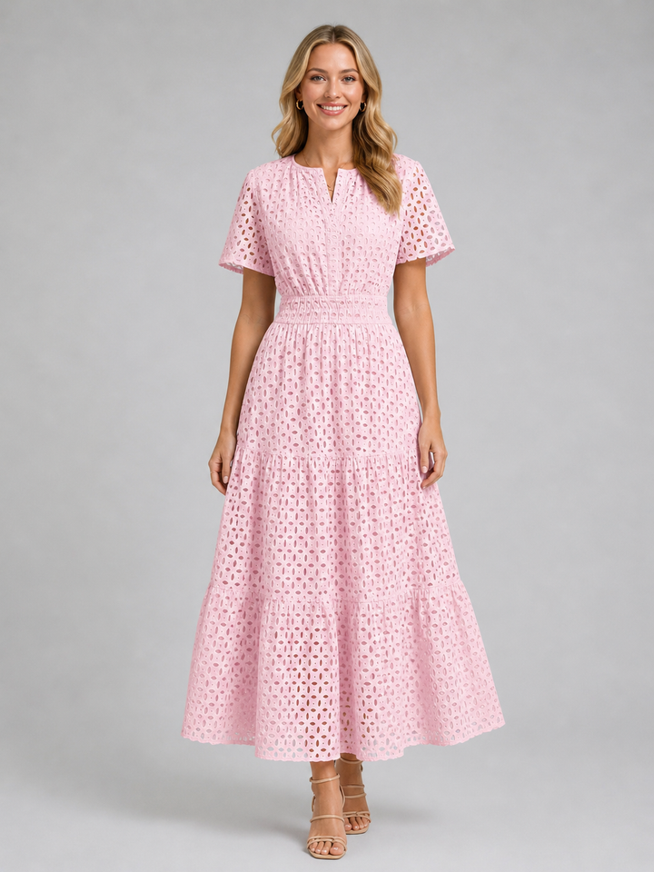 Women Cotton Blend Eyelet A-Line Midi Dress Summer