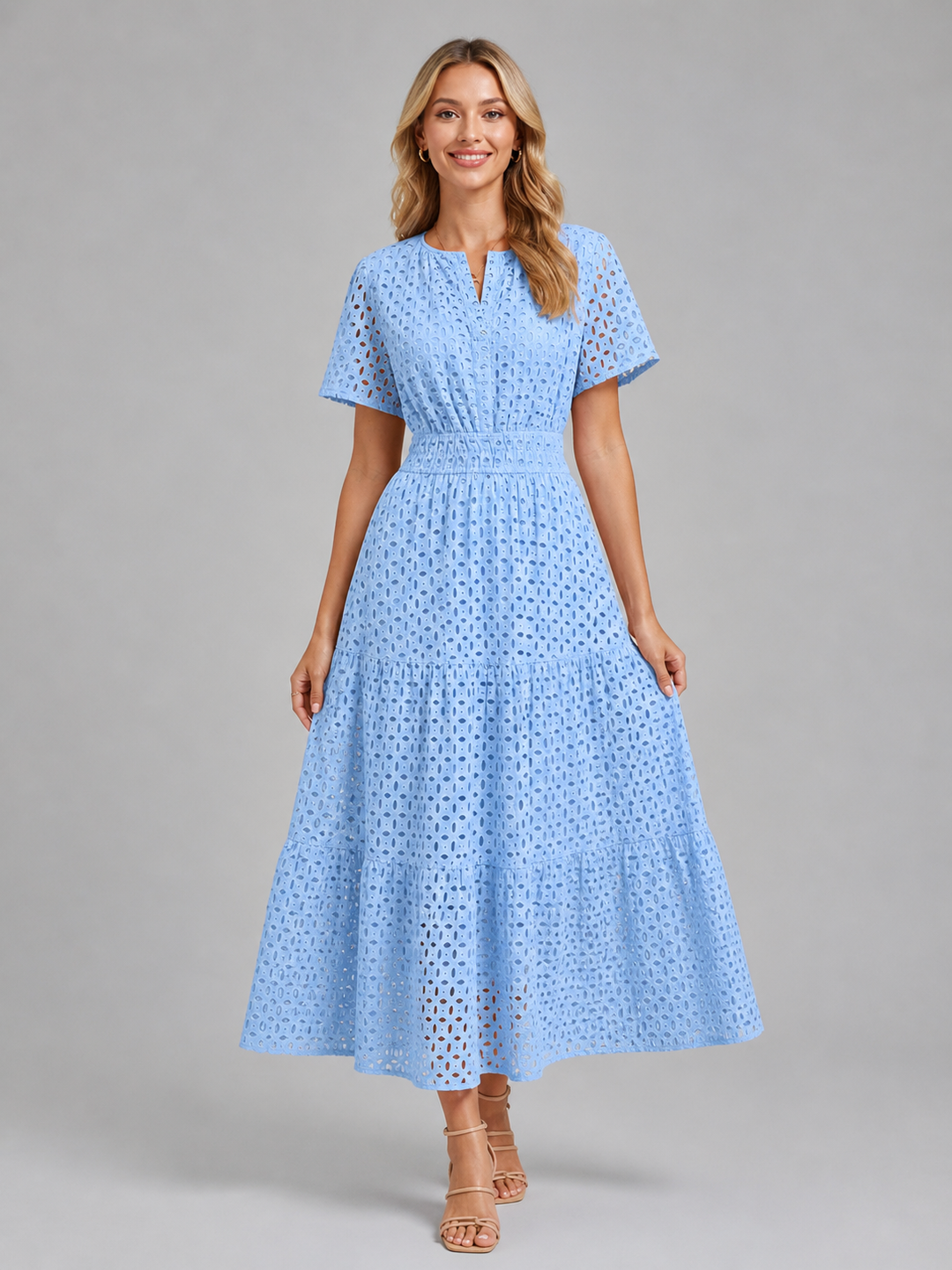 Women Cotton Blend Eyelet A-Line Midi Dress Summer