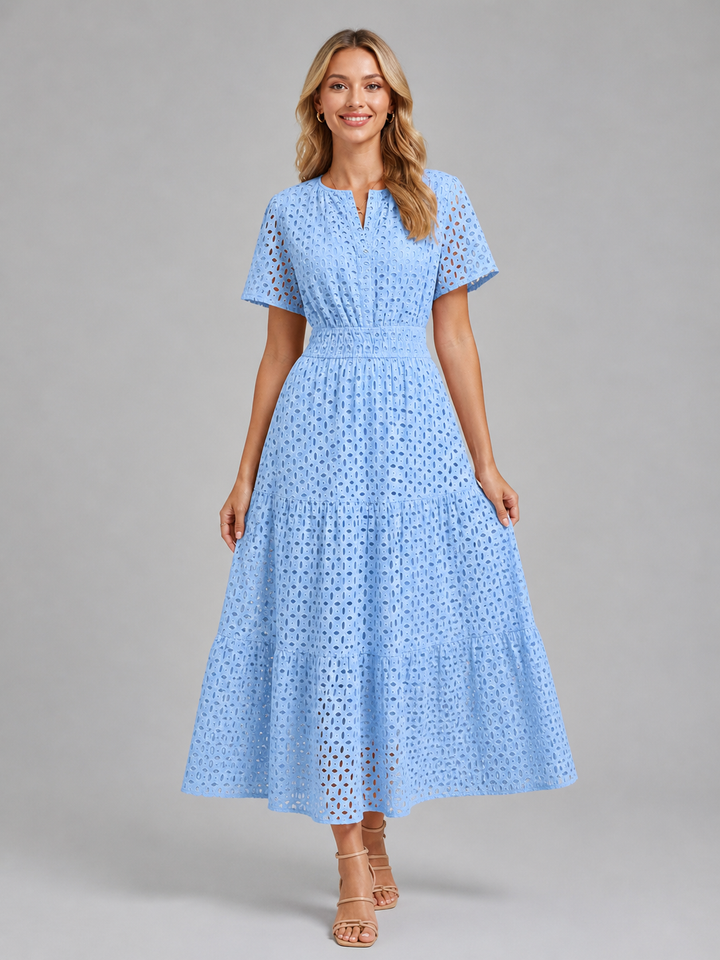 Women Cotton Blend Eyelet A-Line Midi Dress Summer