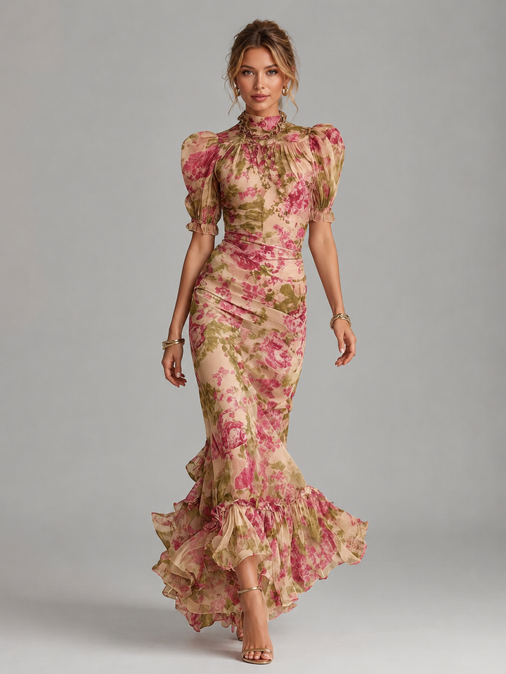 Floral Chiffon Maxi Dress Puff Sleeve Fishtail Gown Women