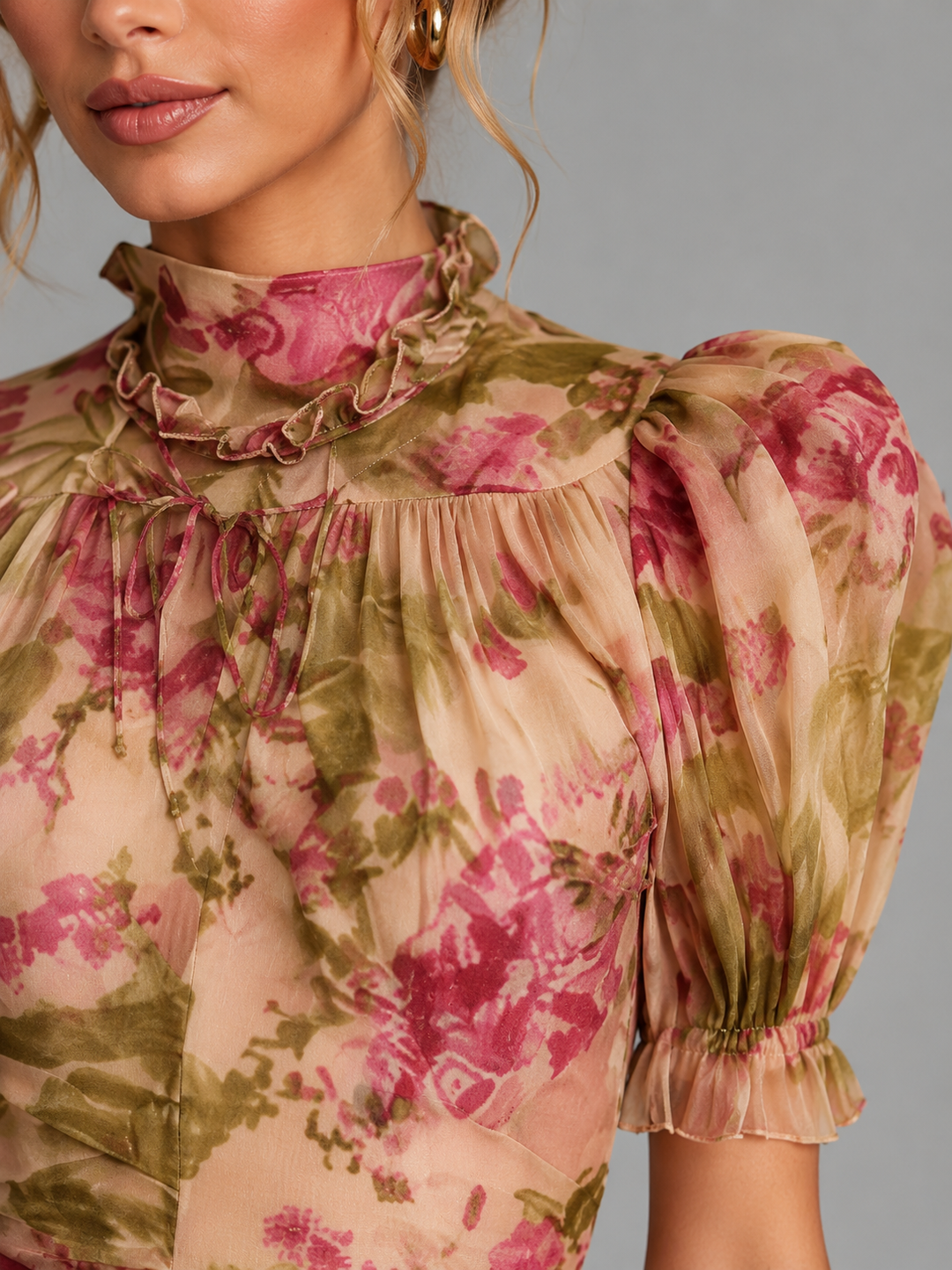 Floral Chiffon Maxi Dress Puff Sleeve Fishtail Gown Women