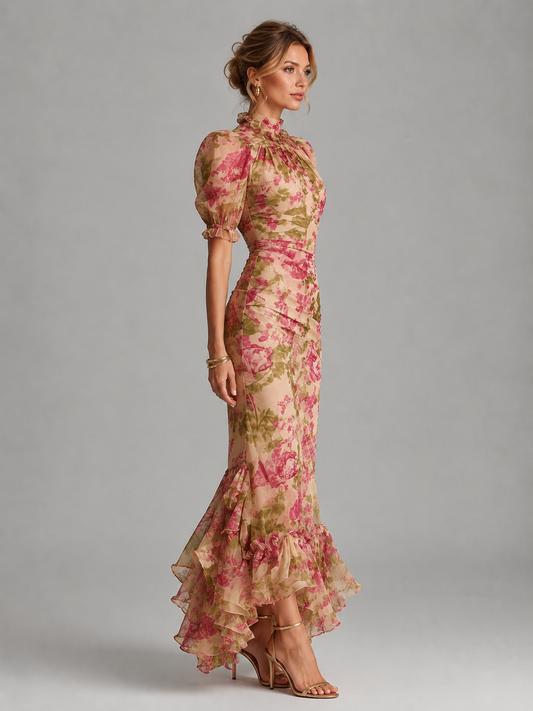 Floral Chiffon Maxi Dress Puff Sleeve Fishtail Gown Women