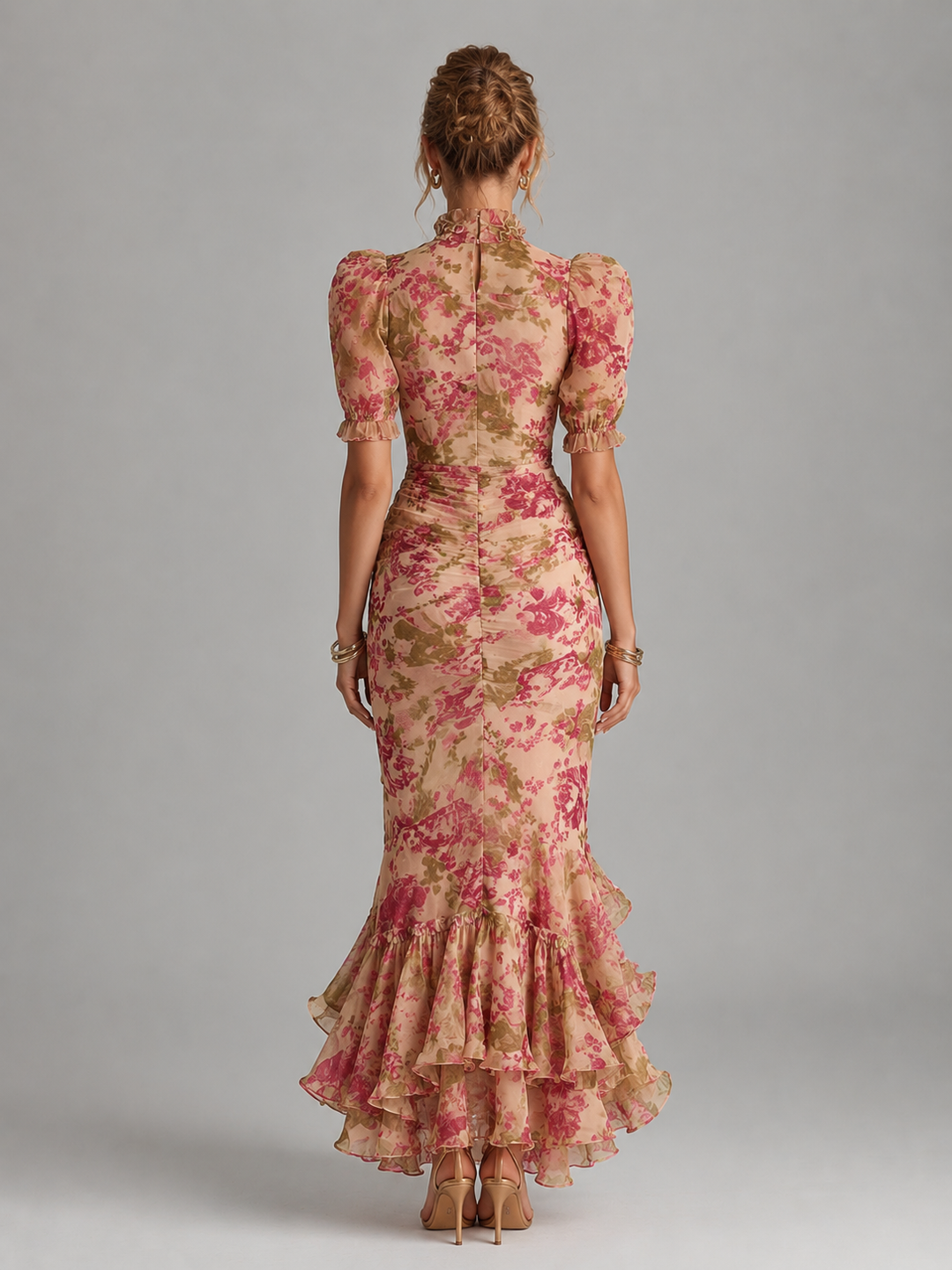 Floral Chiffon Maxi Dress Puff Sleeve Fishtail Gown Women