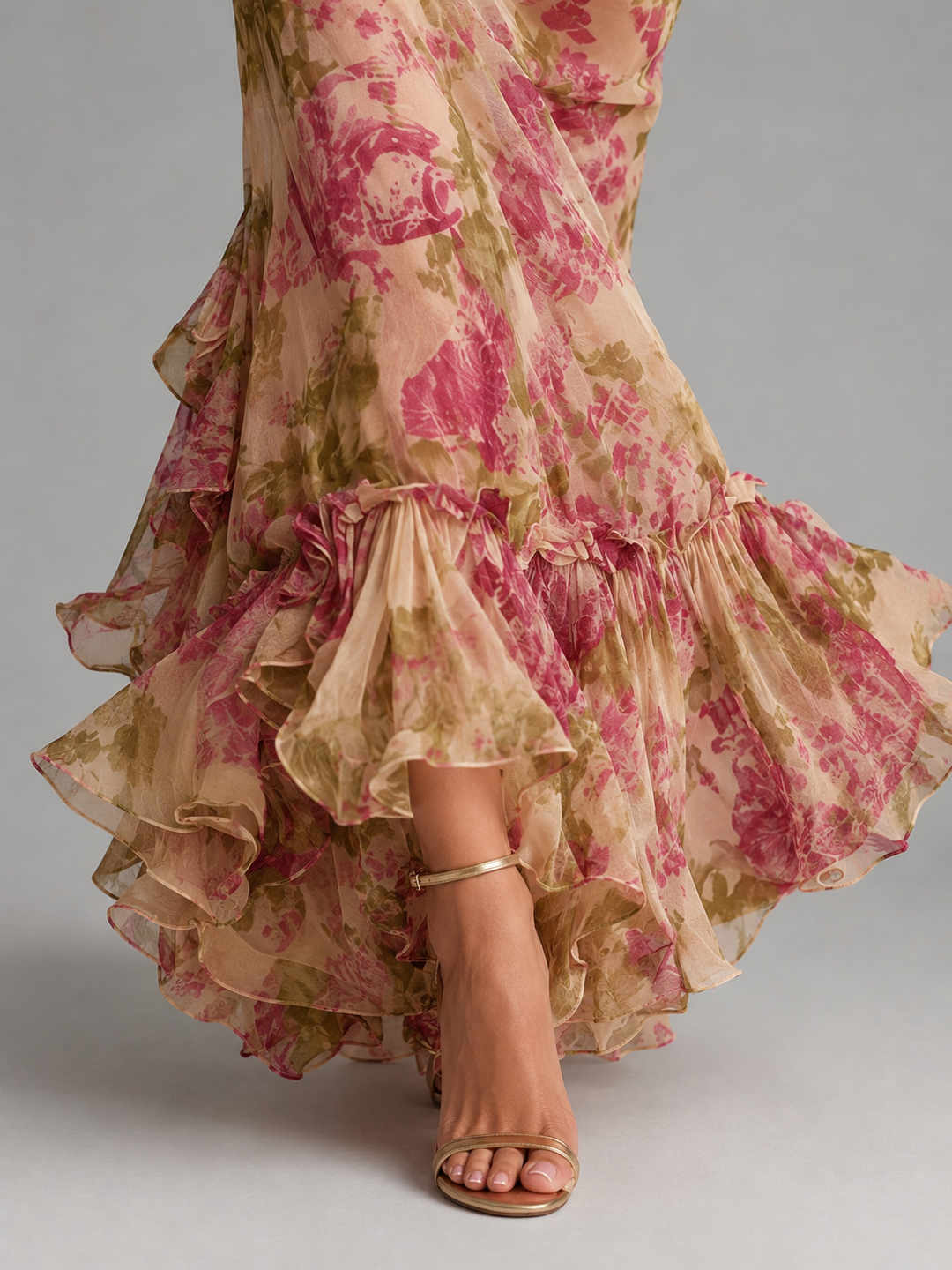 Floral Chiffon Maxi Dress Puff Sleeve Fishtail Gown Women