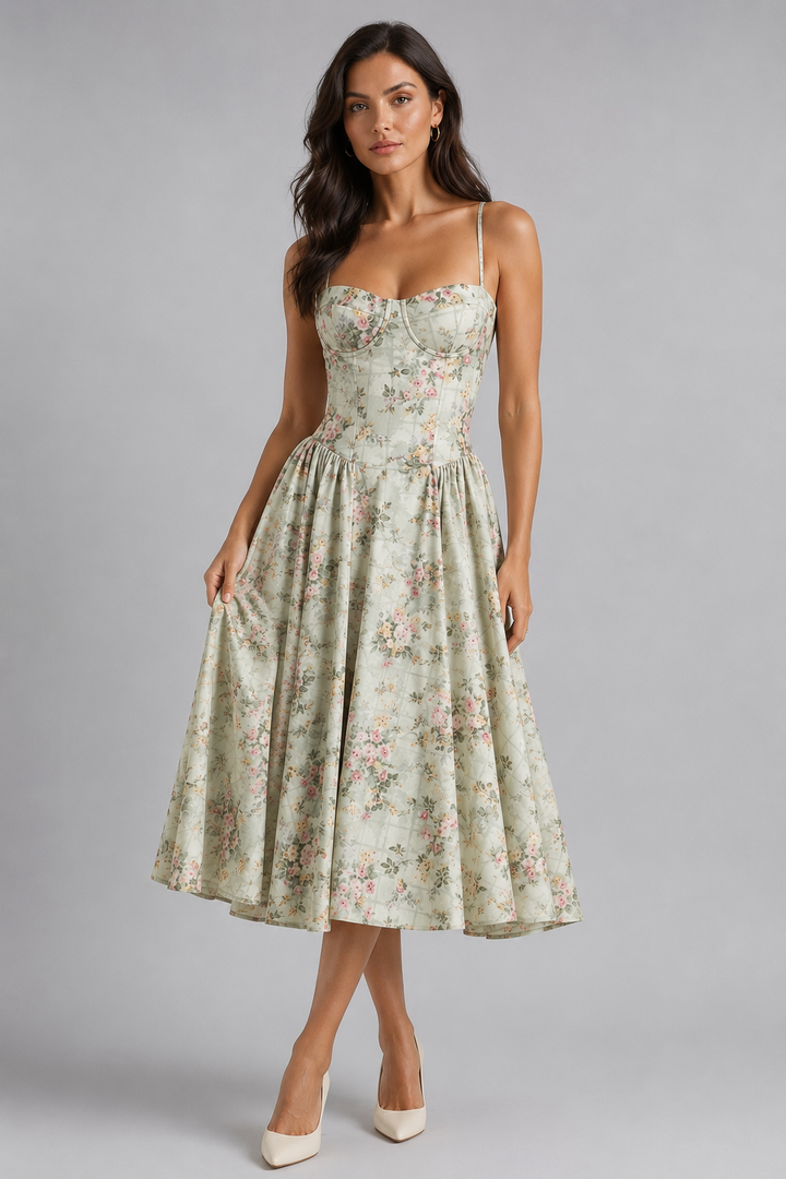 Floral Corset Midi Dress Sweetheart Neck Women