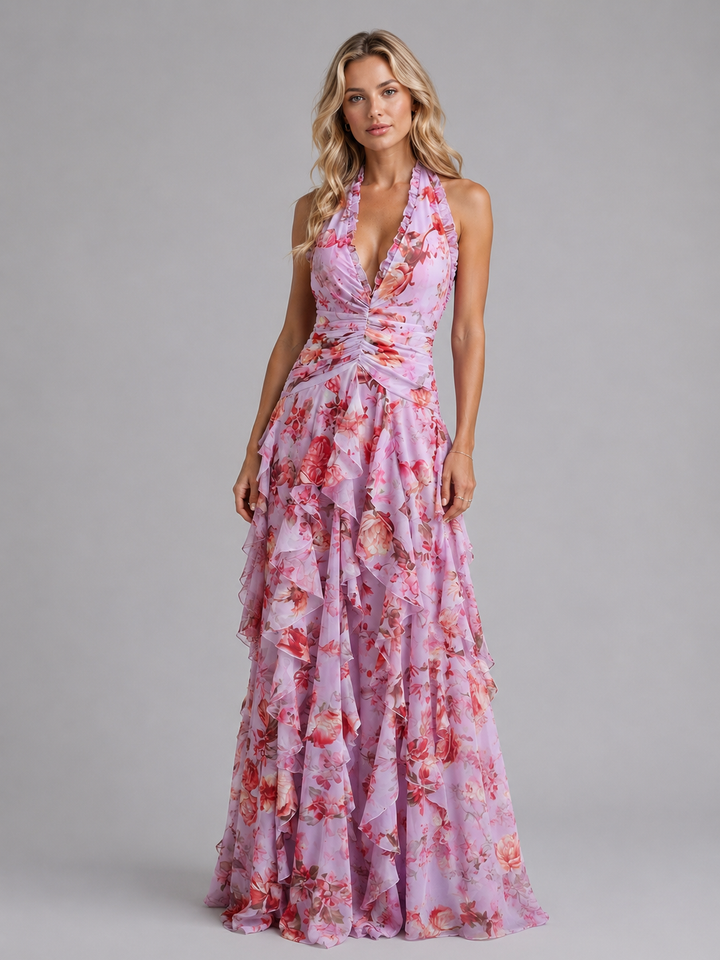 Floral Halter Maxi Dress Women Wedding Guest Gown