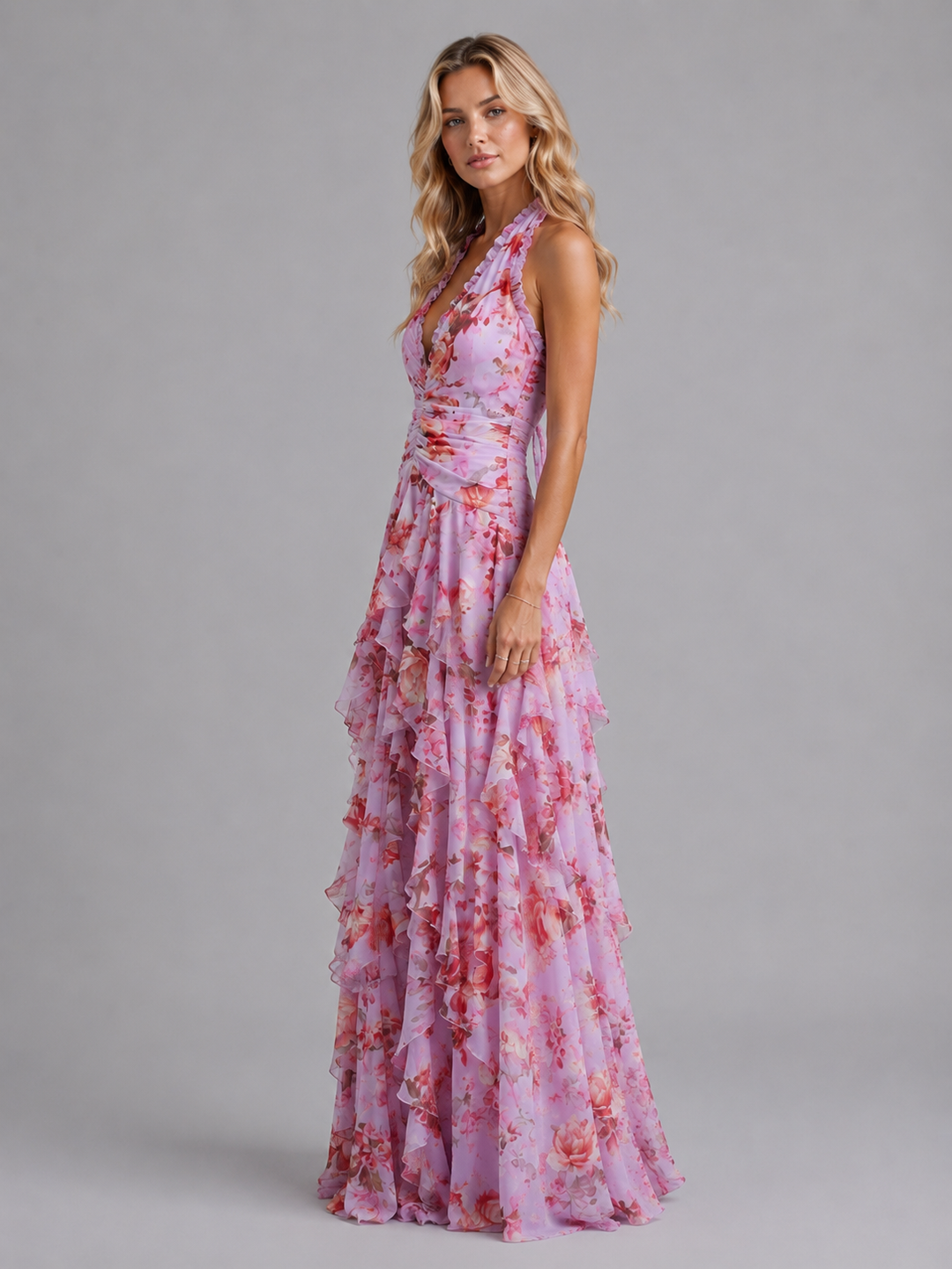 Floral Halter Maxi Dress Women Wedding Guest Gown