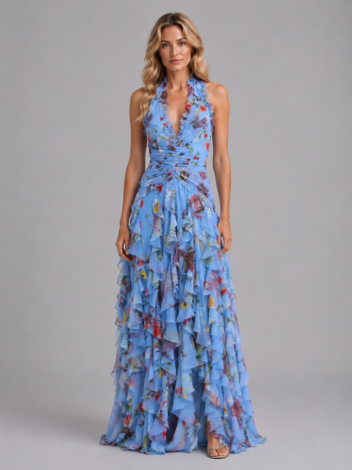 Floral Halter Maxi Dress Women Wedding Guest Gown