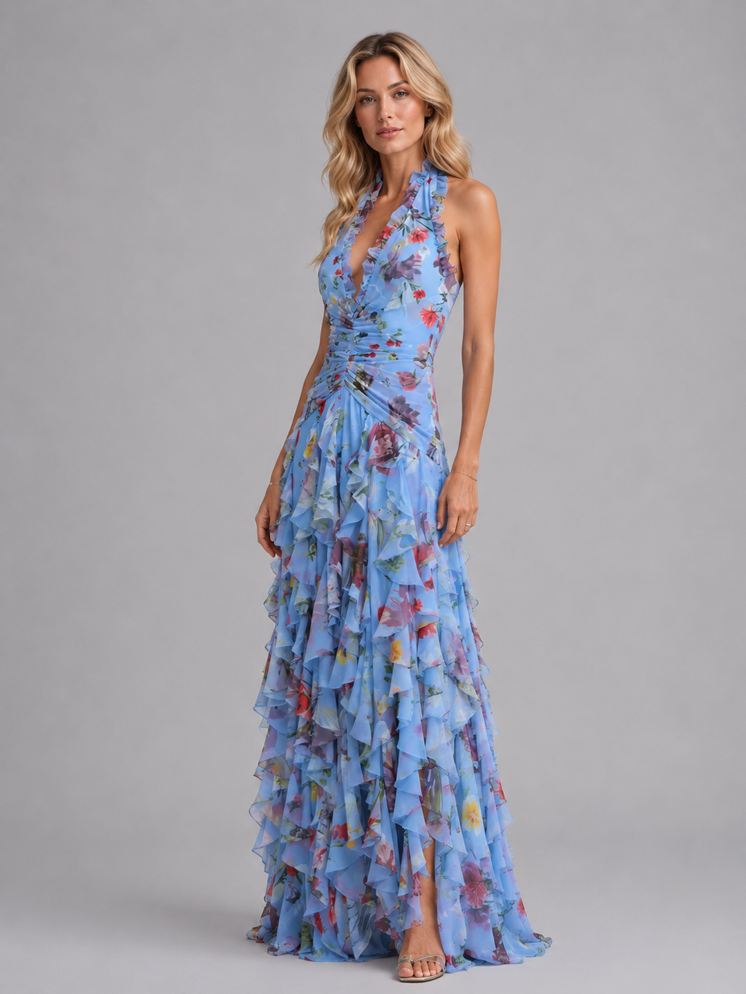 Floral Halter Maxi Dress Women Wedding Guest Gown
