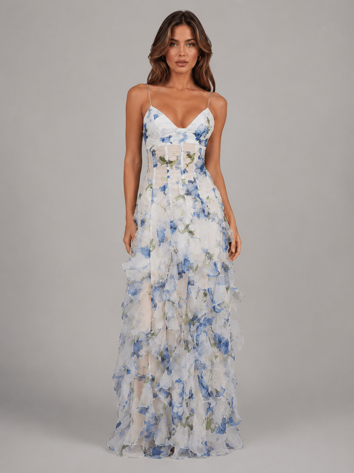 Women Floral Ruffle Maxi Dress Chiffon Summer