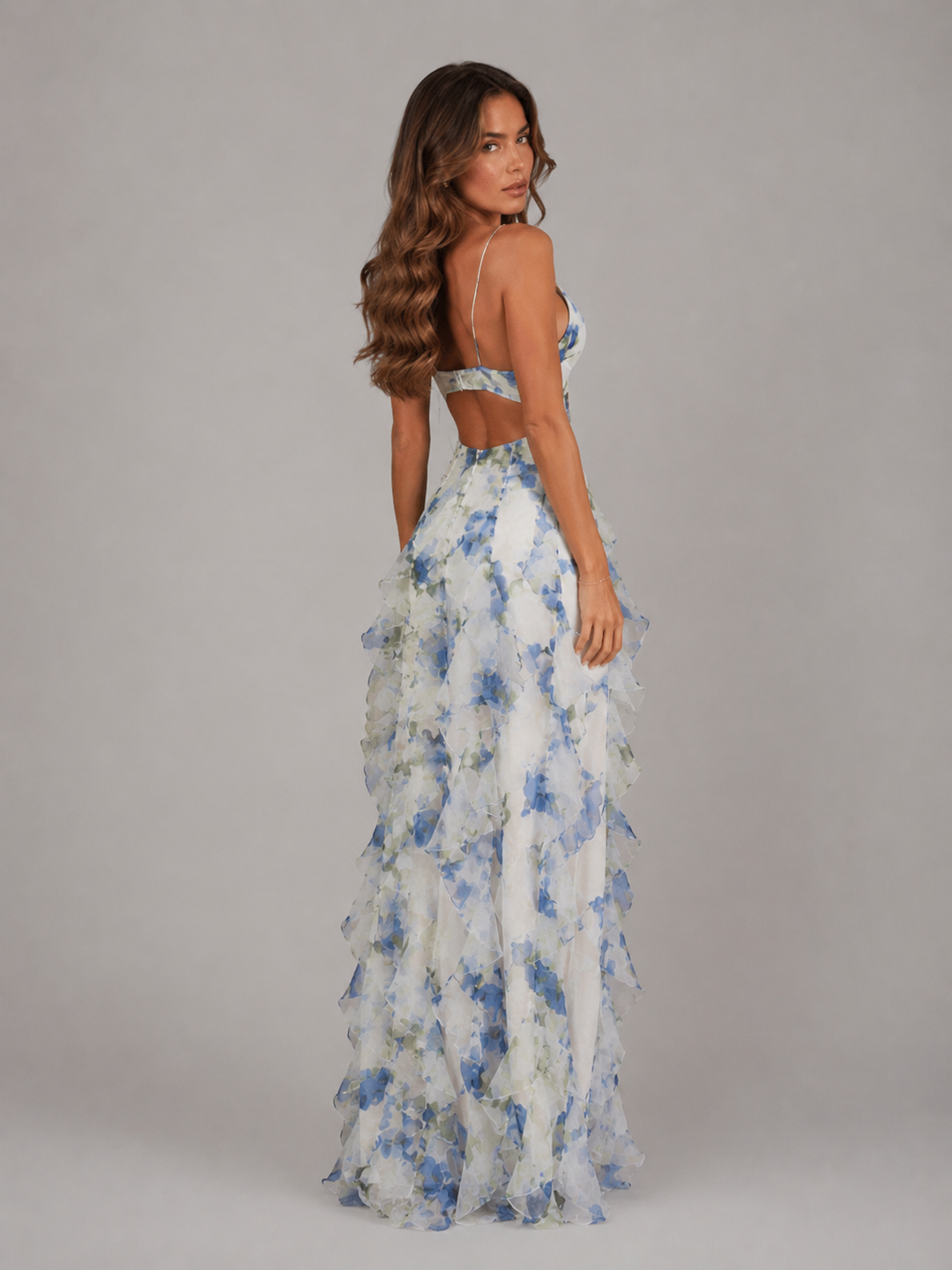 Women Floral Ruffle Maxi Dress Chiffon Summer
