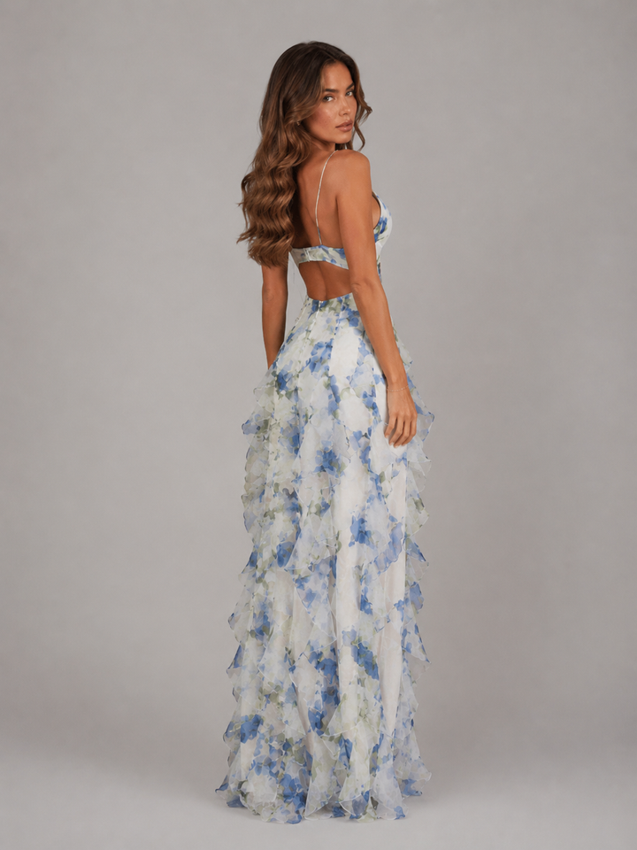 Women Floral Ruffle Maxi Dress Chiffon Summer