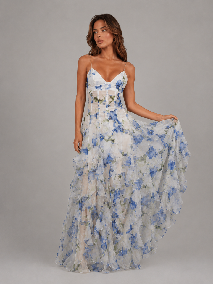 Women Floral Ruffle Maxi Dress Chiffon Summer