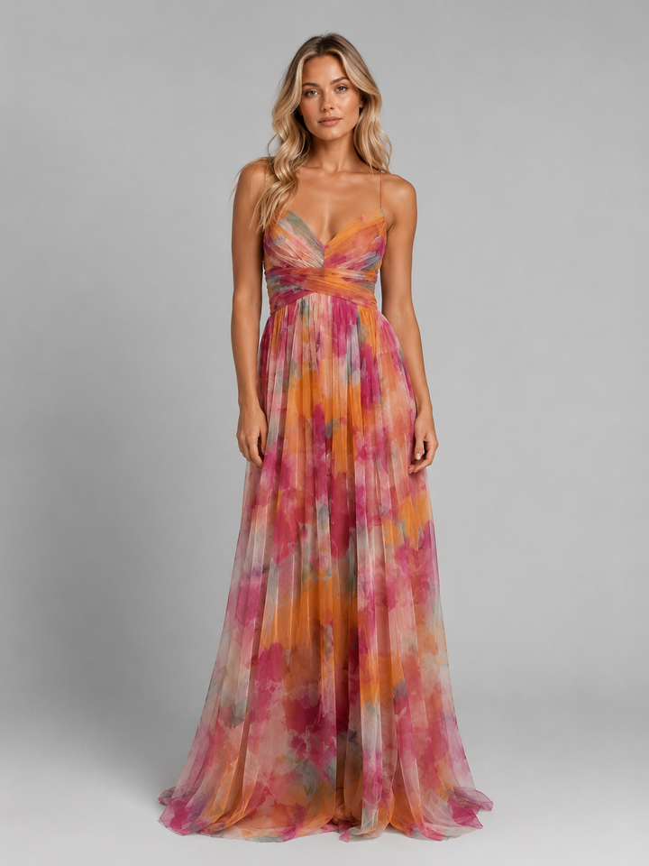 Floral Maxi Dress Chiffon V-Neck Women Summer