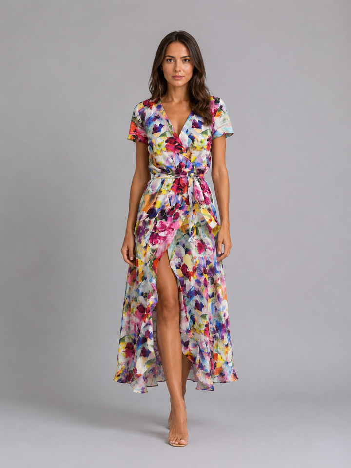 Womens Floral Wrap Midi Dress Tie Waist Summer