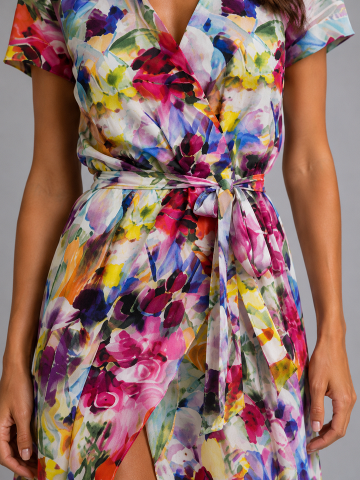Womens Floral Wrap Midi Dress Tie Waist Summer