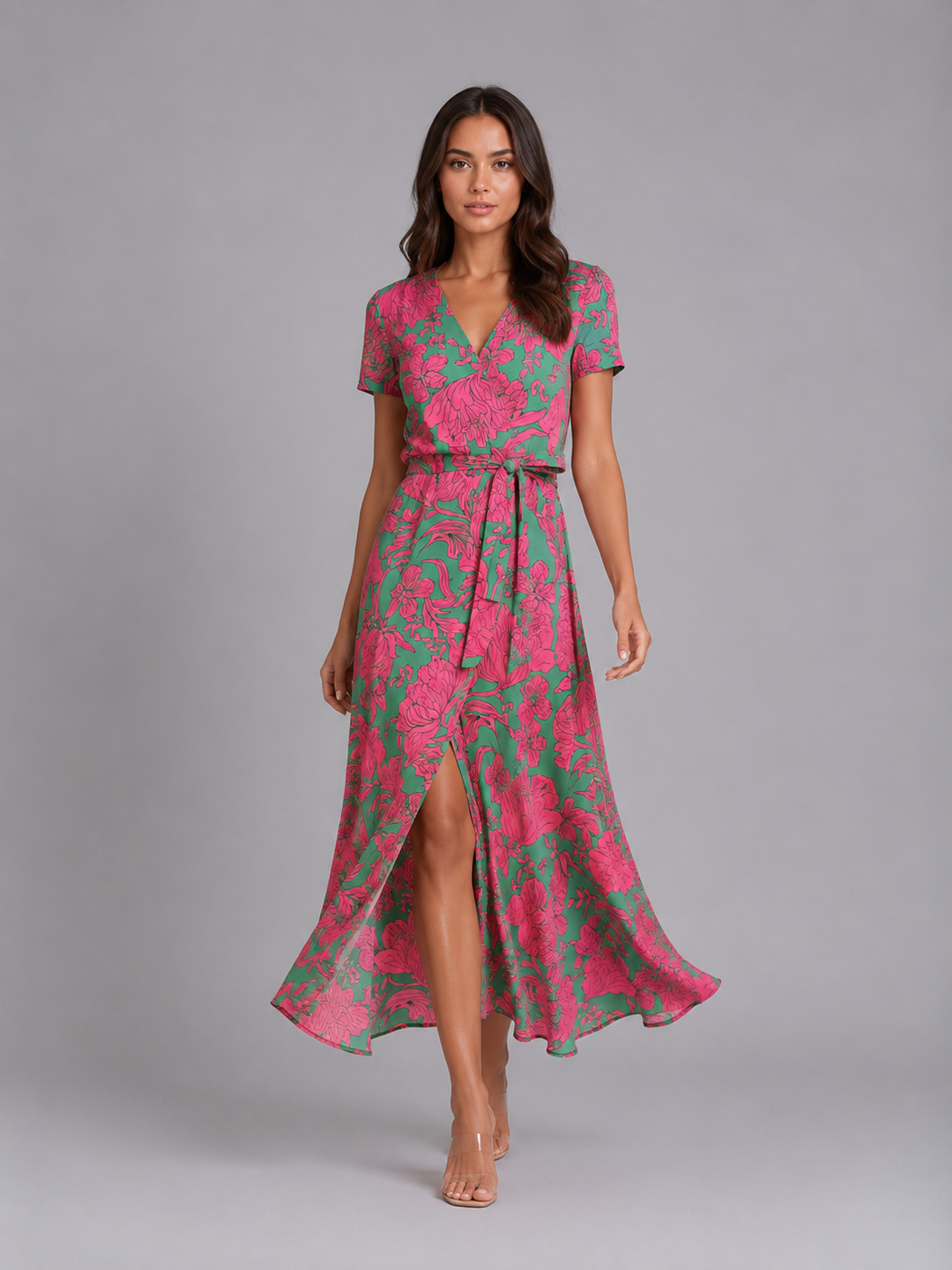 Womens Floral Wrap Midi Dress Tie Waist Summer