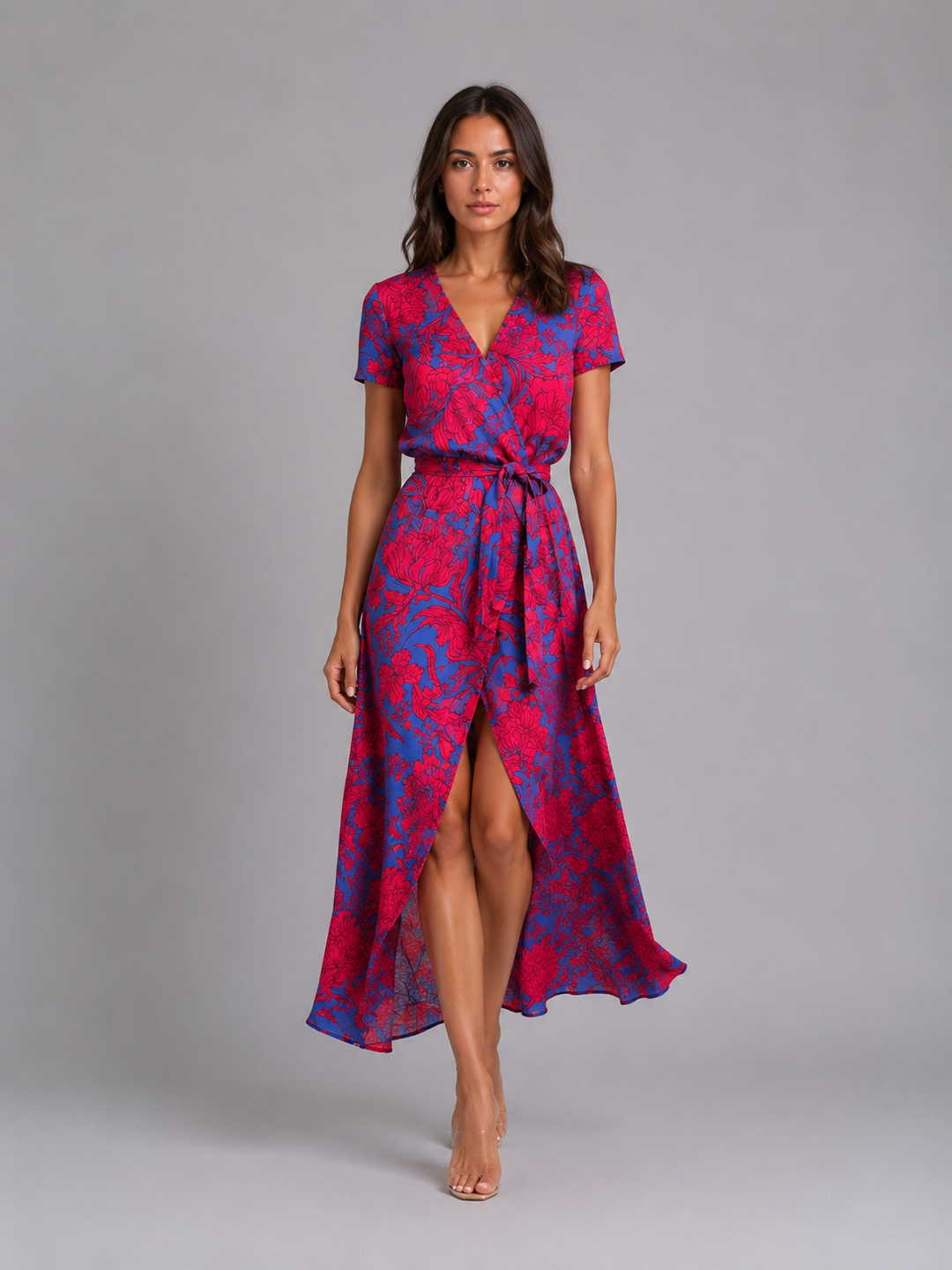 Womens Floral Wrap Midi Dress Tie Waist Summer