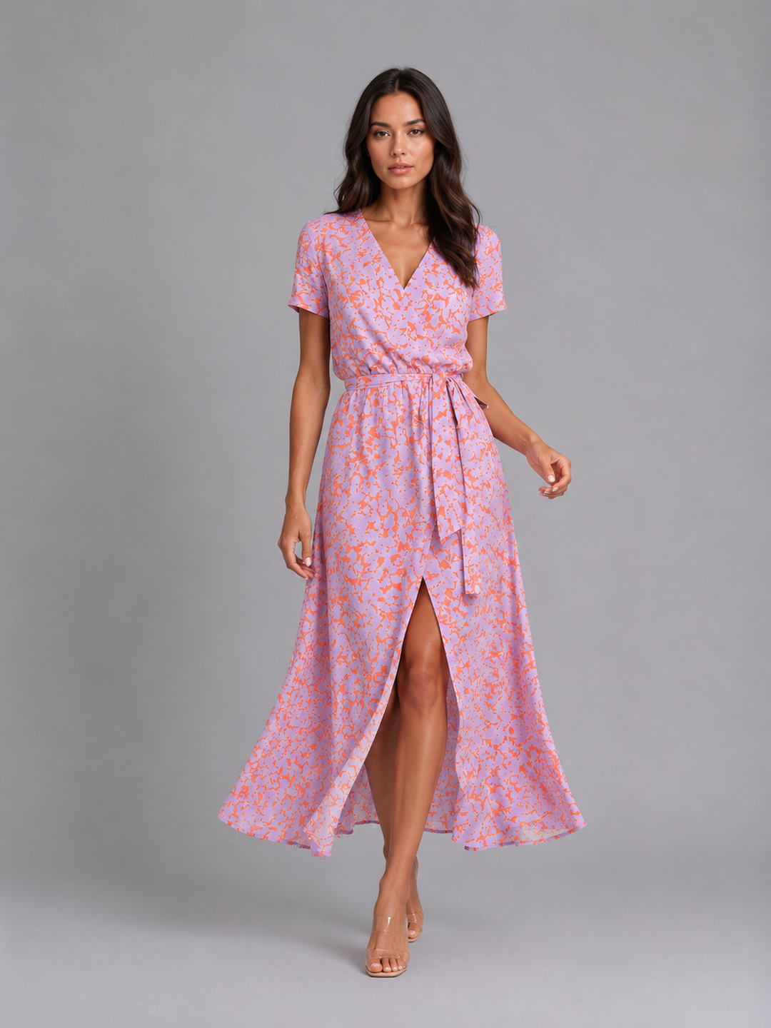 Womens Floral Wrap Midi Dress Tie Waist Summer