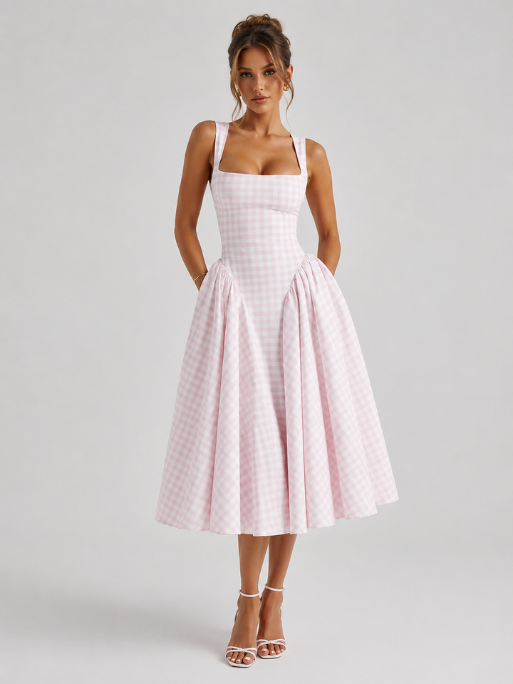 Women Gingham Midi Dress Sculpted Waist Full Skirt