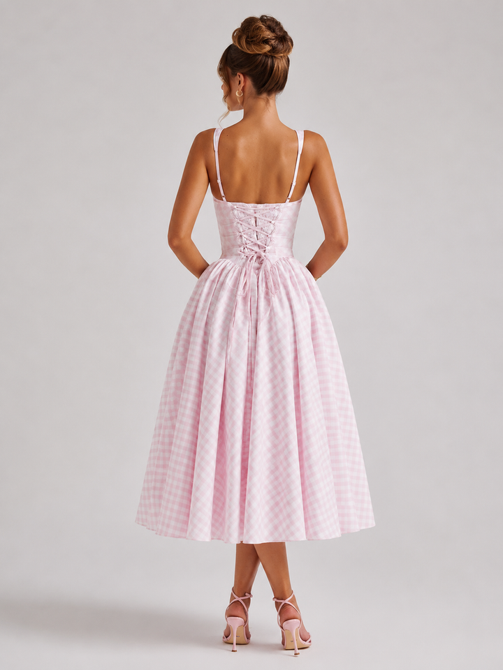 Women Gingham Midi Dress Sculpted Waist Full Skirt