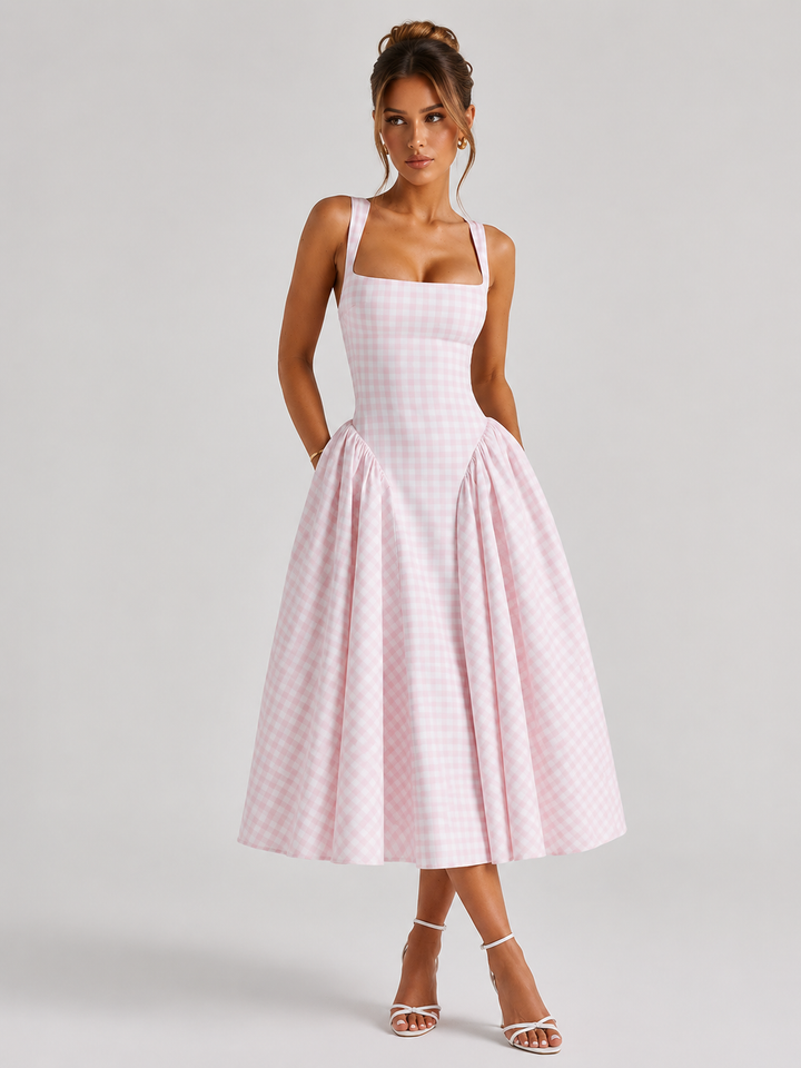 Women Gingham Midi Dress Sculpted Waist Full Skirt
