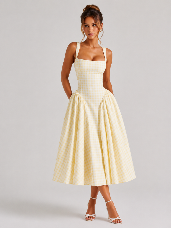Women Gingham Midi Dress Sculpted Waist Full Skirt