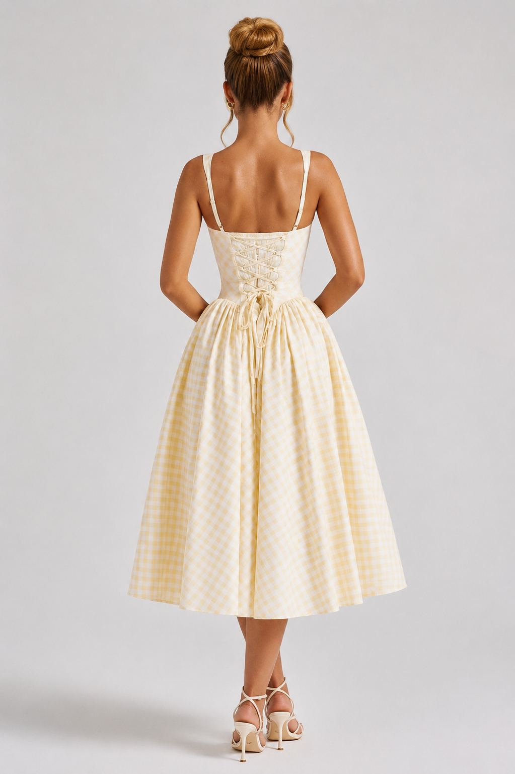 Women Gingham Midi Dress Sculpted Waist Full Skirt