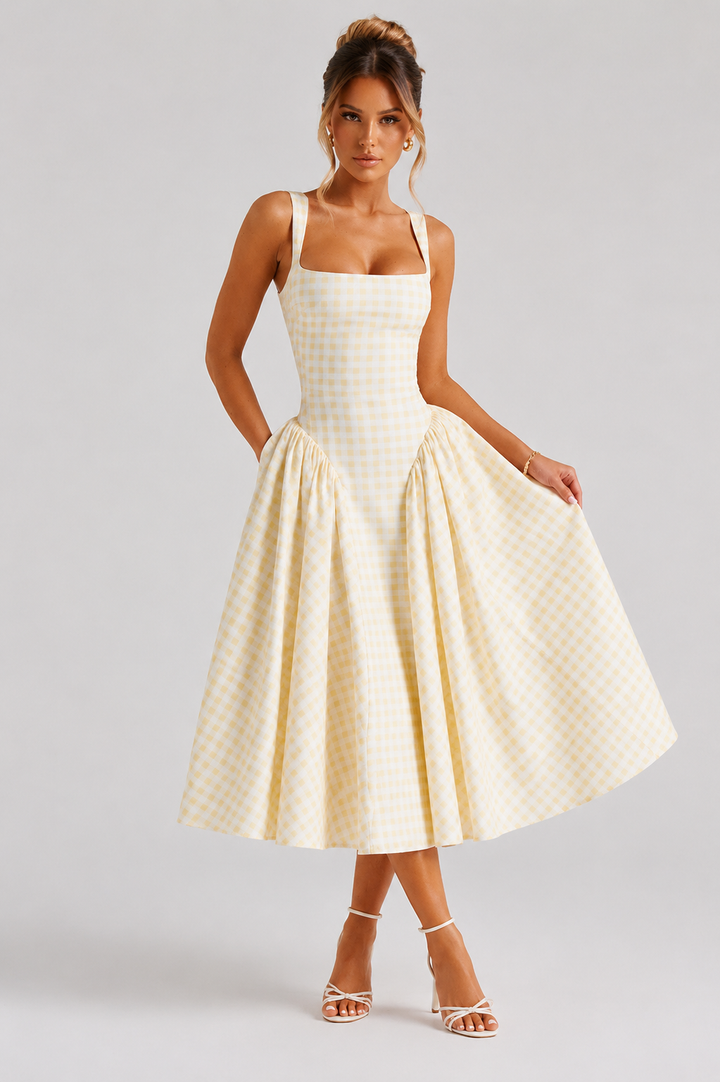 Women Gingham Midi Dress Sculpted Waist Full Skirt