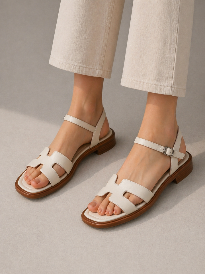 Womens Leather Strappy Sandals Low Block Heel
