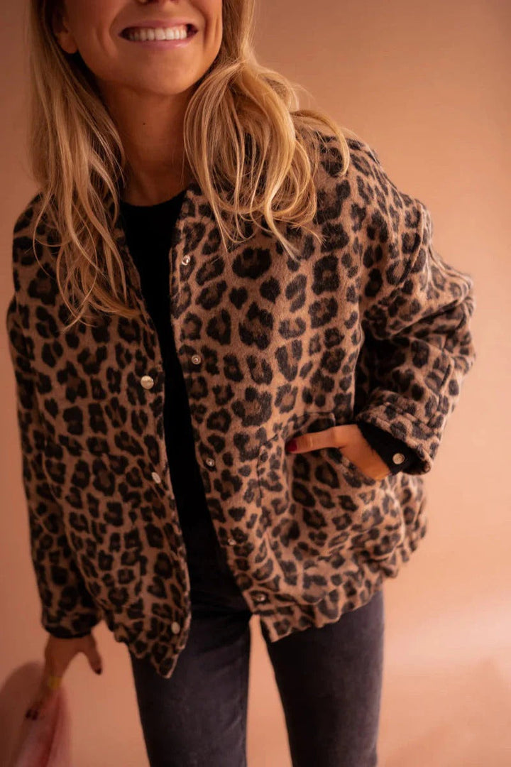 Leopard Print Bomber Jacket Snap Button Women
