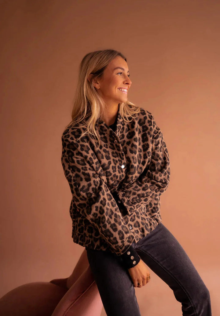 Leopard Print Bomber Jacket Snap Button Women