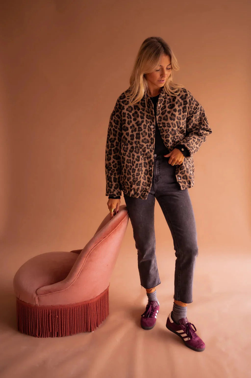 Leopard Print Bomber Jacket Snap Button Women